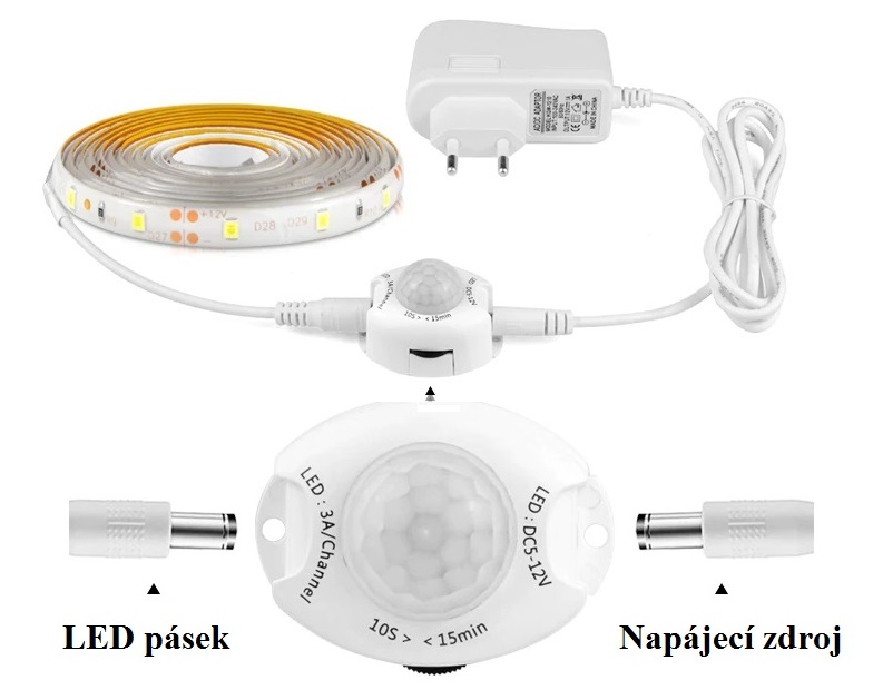 LED pásek s PIR čidlem pohybu 60LED/1m IP65 teplá bílá, 5metrů