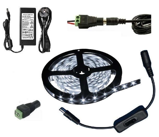 Light LED pásek 5050 60LED/m IP65 14.4W/m čistá bílá, 5 metrů, komplet vypínač 3A