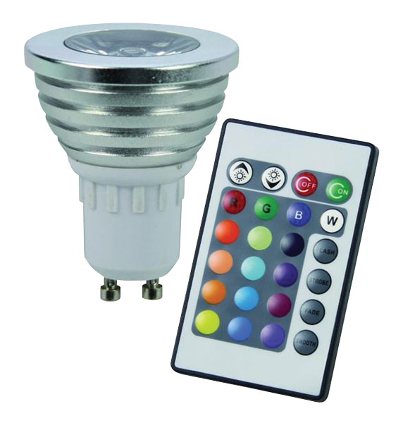 RGB LED žárovka GU10 3W + dálk.ovl set 3 kusy