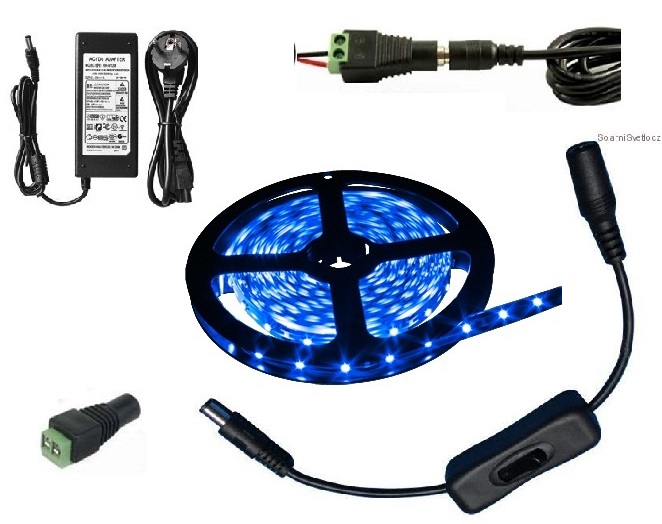 Light LED pásek 5050 60LED/m IP65 14.4W/m modrá, 5 metrů, komplet s vypánačem
