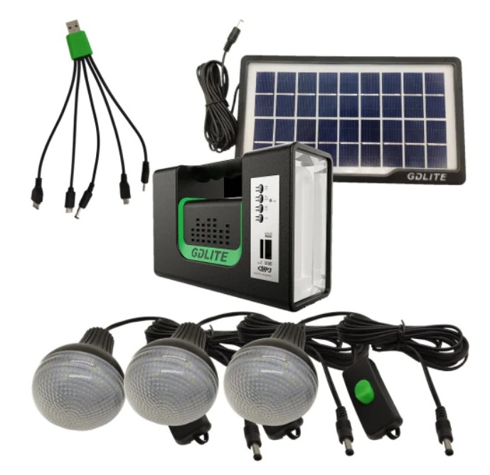 GD10S Solární přenosné osvětlení 3x LED žárovka powerbanka, radio, Bluetooth