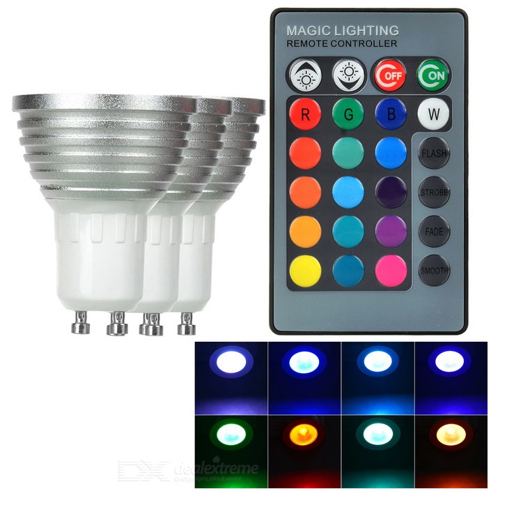 RGB LED žárovka GU10 3W + dálk.ovl set 3 kusy