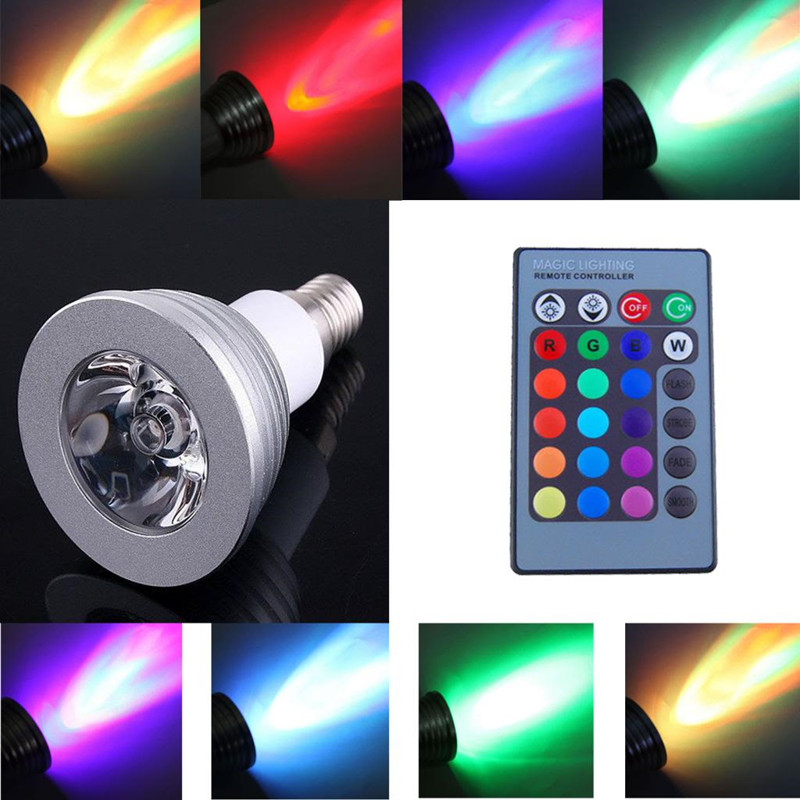 RGB LED E14 3W color + dálk.ovl.